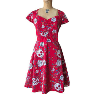 Oten Red‎ Skull Print Fit & Flare Cap Sleeve Dress Women's L Retro Whimsigoth